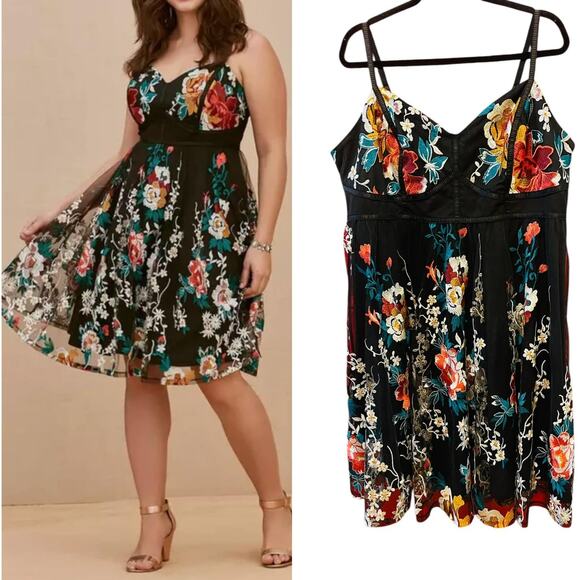 Torrid Size 20 Black Mesh Floral Embroidered Party Cocktail Formal Tank Dress - Picture 1 of 3